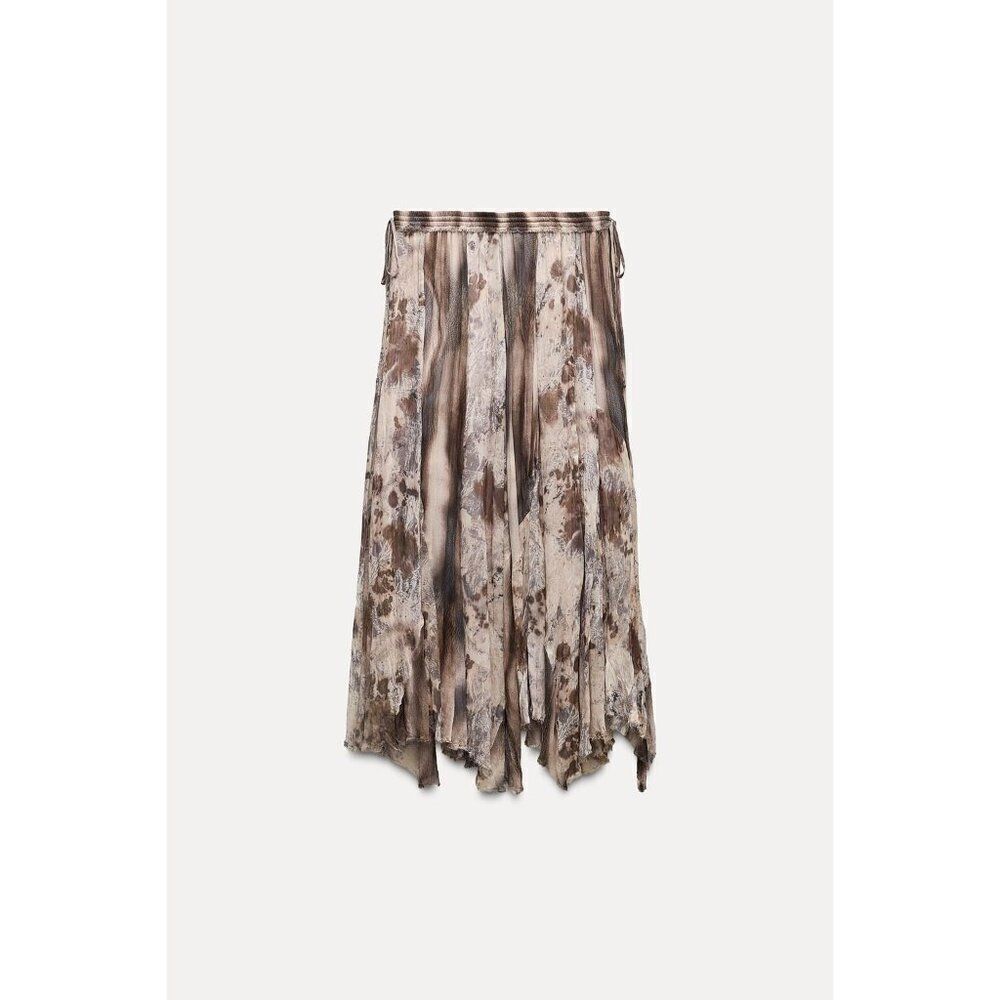 Zara Women Midi Skirt L Brown Animal Print Patchwork Chiffon Flowy 8486/043 NWT